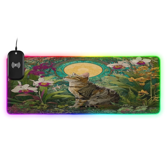 Large RGB Wireless Charging Mouse Pad Tabby in The Garden14 LED Modes Non-Slip Gaming Mat for Desktop Laptop Office Home