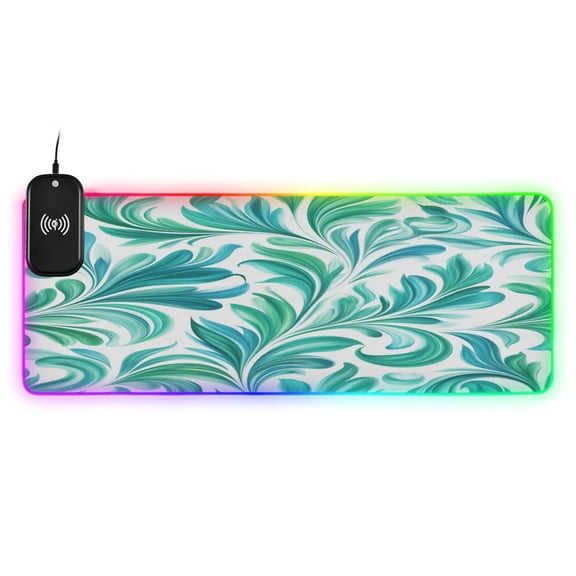 Large RGB Wireless Charging Mouse Pad Teal Swirl Damask Pattern14 LED Modes Non-Slip Gaming Mat for Desktop Laptop Office Home