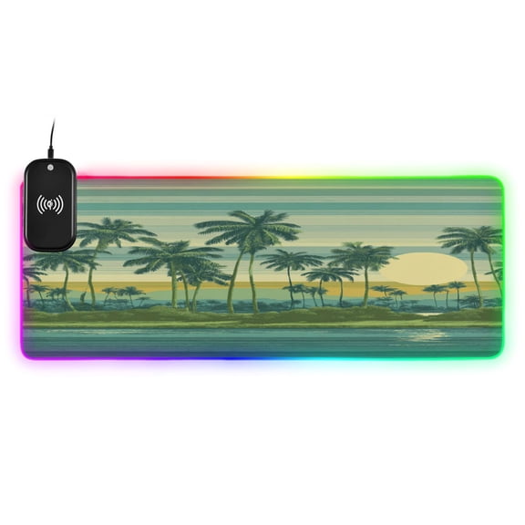 Large RGB Wireless Charging Mouse Pad Teal Tropical Print14 LED Modes Non-Slip Gaming Mat for Desktop Laptop Office Home