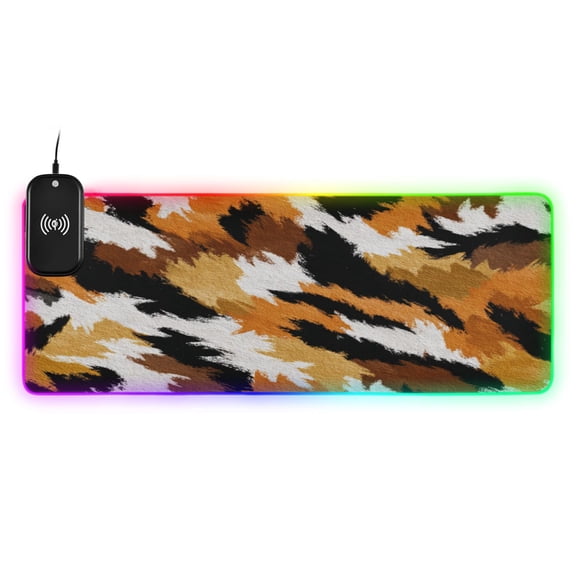 Large RGB Wireless Charging Mouse Pad Tiger Print in Warm Tones14 LED Modes Non-Slip Gaming Mat for Desktop Laptop Office Home