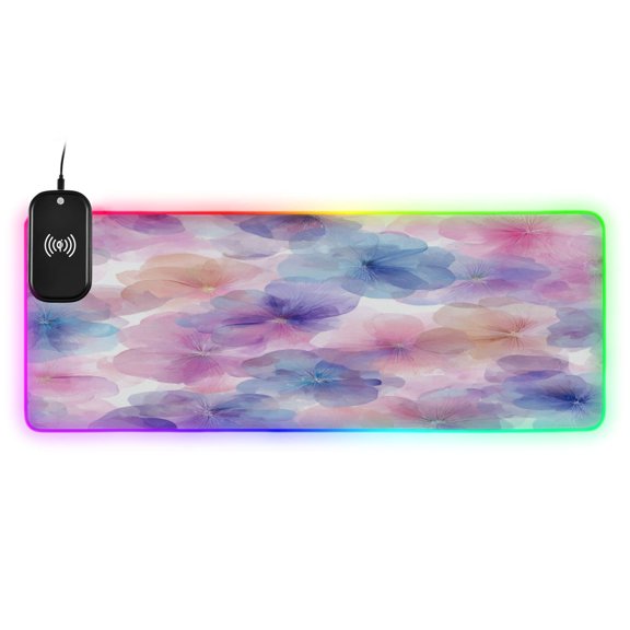 Large RGB Wireless Charging Mouse Pad Translucent Bloom Print14 LED Modes Non-Slip Gaming Mat for Desktop Laptop Office Home