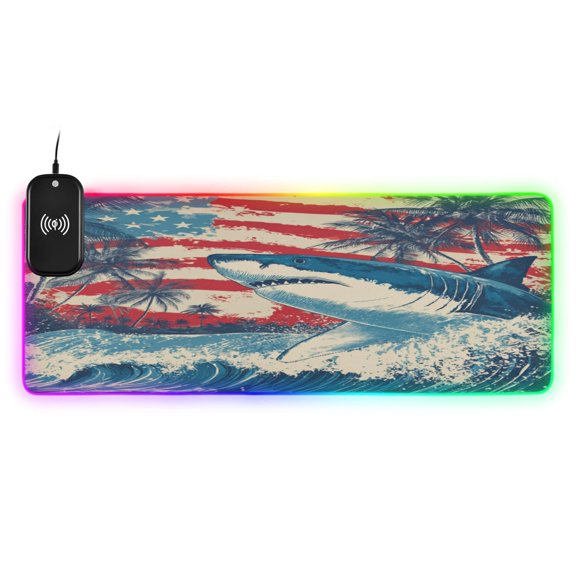 Large RGB Wireless Charging Mouse Pad Tropical Shark Pattern14 LED Modes Non-Slip Gaming Mat for Desktop Laptop Office Home
