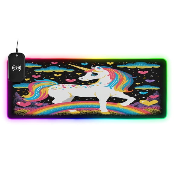 Large RGB Wireless Charging Mouse Pad Unicorn with A Rainbow Mane14 LED Modes Non-Slip Gaming Mat for Desktop Laptop Office Home