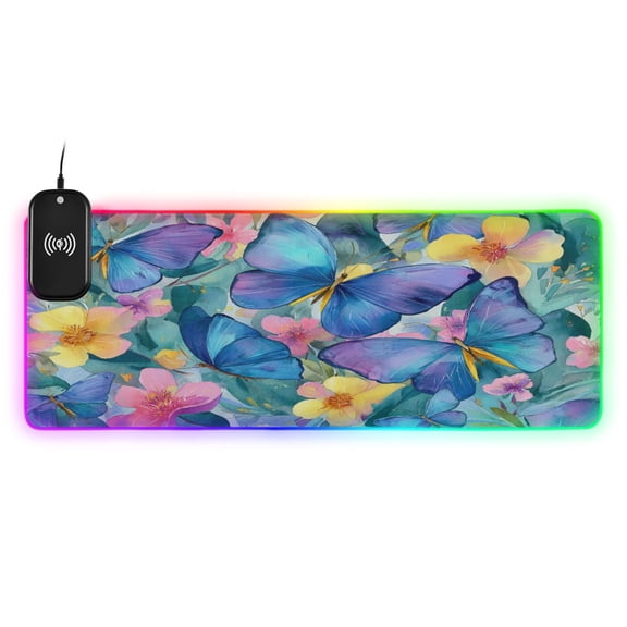 Large RGB Wireless Charging Mouse Pad Vibrant Blue Butterflies14 LED Modes Non-Slip Gaming Mat for Desktop Laptop Office Home