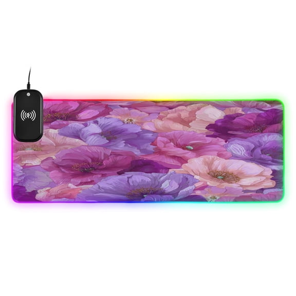 Large RGB Wireless Charging Mouse Pad Vibrant Fantasy Rose Pattern14 LED Modes Non-Slip Gaming Mat for Desktop Laptop Office Home