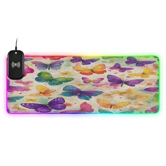 Large RGB Wireless Charging Mouse Pad Vibrant Splash Butterfly Pattern14 LED Modes Non-Slip Gaming Mat for Desktop Laptop Office Home