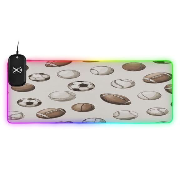 Large RGB Wireless Charging Mouse Pad Vintage Multi-sport Ball Pattern14 LED Modes Non-Slip Gaming Mat for Desktop Laptop Office Home