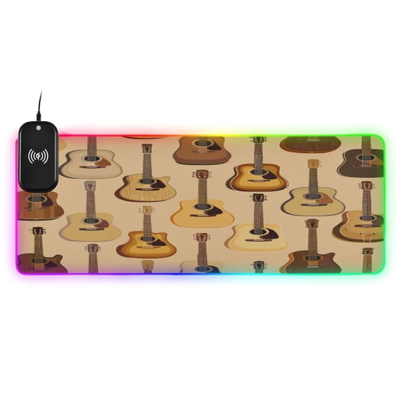 Large RGB Wireless Charging Mouse Pad Warm Acoustic Guitar Pattern14 LED Modes Non-Slip Gaming Mat for Desktop Laptop Office Home