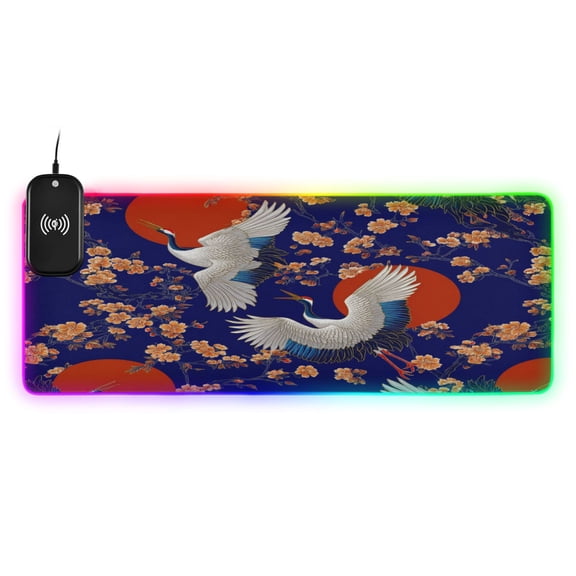 Large RGB Wireless Charging Mouse Pad White Cranes Orange Suns14 LED Modes Non-Slip Gaming Mat for Desktop Laptop Office Home