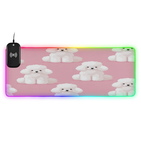 Large RGB Wireless Charging Mouse Pad White Poodles14 LED Modes Non-Slip Gaming Mat for Desktop Laptop Office Home