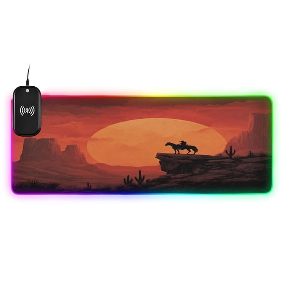 Large RGB Wireless Charging Mouse Pad Wild West Horse Rider14 LED Modes Non-Slip Gaming Mat for Desktop Laptop Office Home