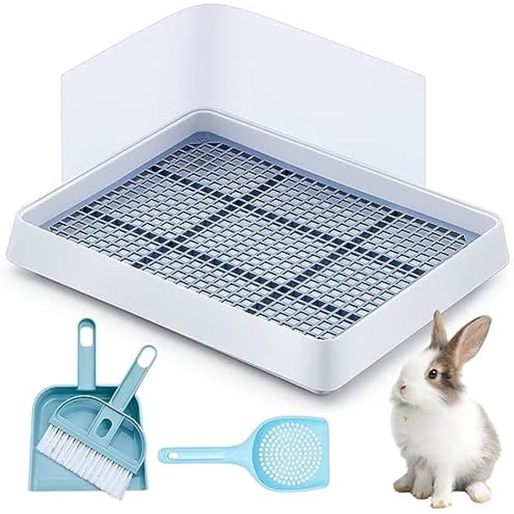 Large Rabbit Bunny Litter Box Guinea Pig Litter Tray 15 x 12.1 x 2.55 Inch Small Animal Pet Toilet Potty Pan Rectangular Rabbit Bedding Tray Ferrets Cage (White and Blue)