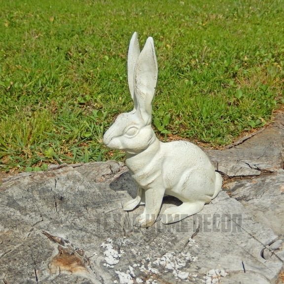 Large Rabbit Figurine Garden Statue Heavy Duty Cast Iron Antique White 10.5 inch