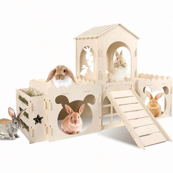 Large Rabbit Hideout Bunny Castle Wooden Bunny House Hay Feeder Detachable Rabbit Hideaway Indoor Rabbit Castle With Ramp Small Animal Houses Habitats