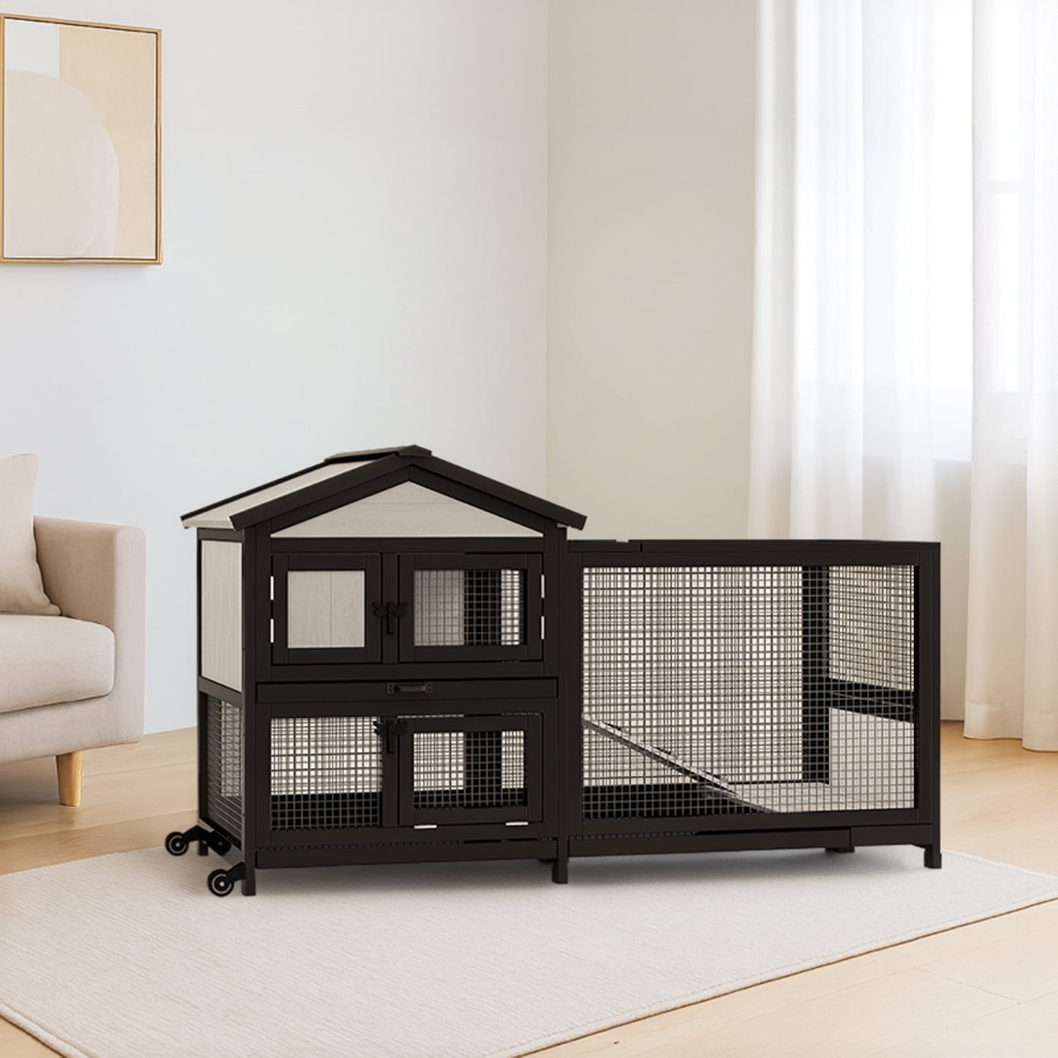 Large Rabbit Hutch Indoor Outdoor Chicken Coop Wooden Bunny Cage with Waterproof Roof