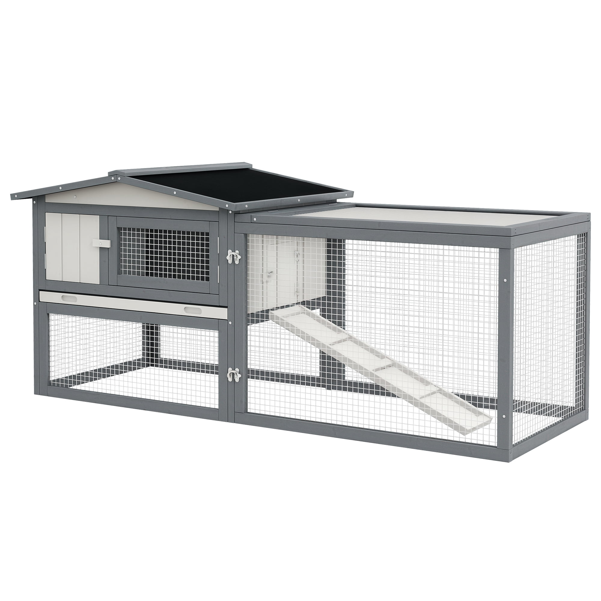 Large Rabbit Hutch Outdoor, 2-Tier 61" L Rabbit Cage with Run Feeding Trough Wooden Guinea Pig Hutch with Removable Tray, Ramp, Asphalt Roof, for 1-2 Rabbits, White
