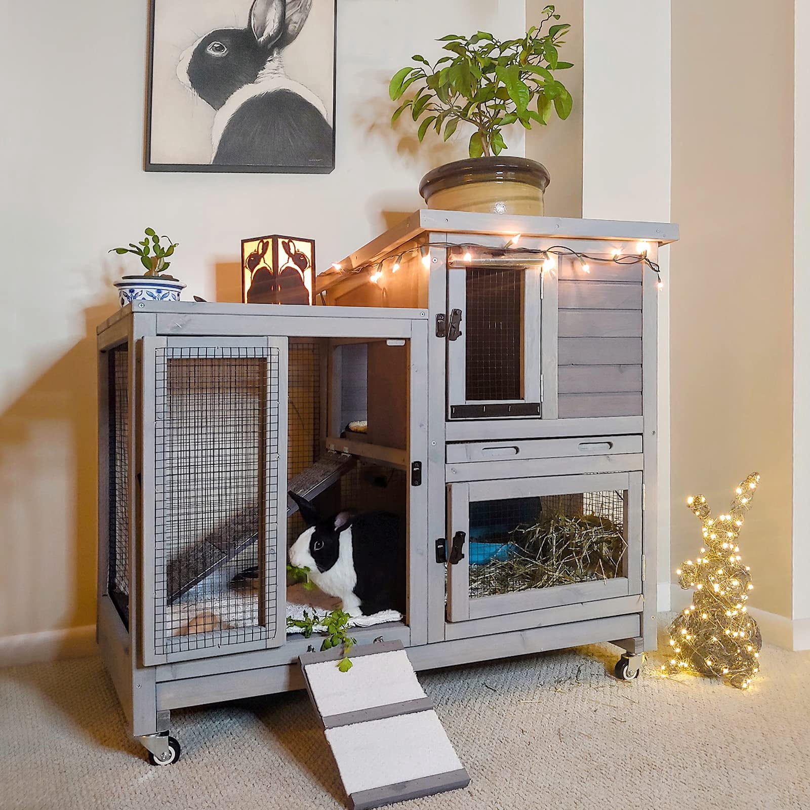 Large Rabbit Hutch Wooden Bunny Cage with Wheels, Two Pull Out Trays, Indoor Outdoor Pet House for Rabbits Guinea Pigs Hamsters, Grey
