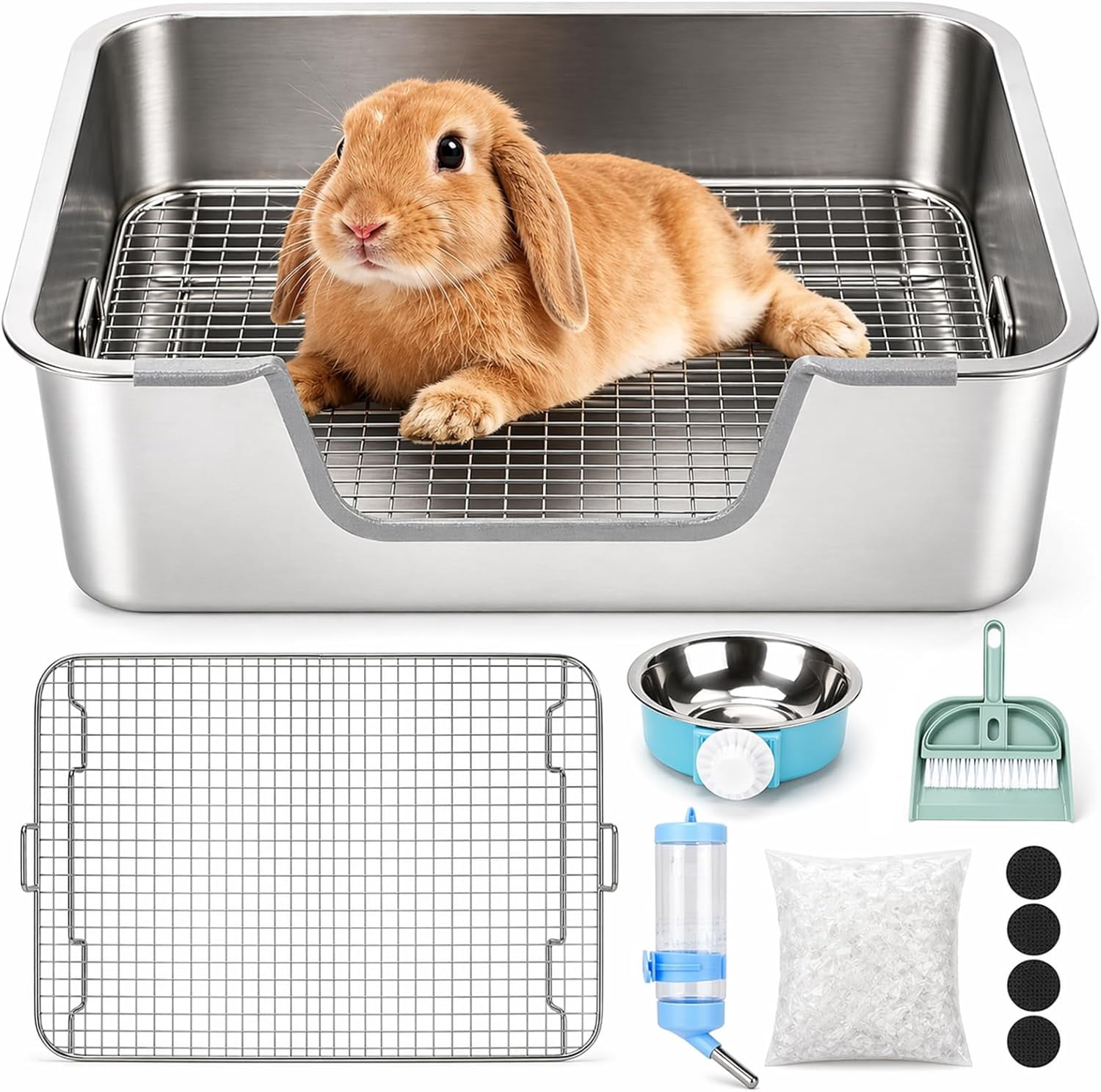 Large Rabbit Litter Box, Bunny Litter Box High Side with 304 Stainless Steel Sifting Tray, Metal Small Animal Litter Pan with Pet Food Bowl and Water Bottle, Non-Slip Easy to Clean Odor Control
