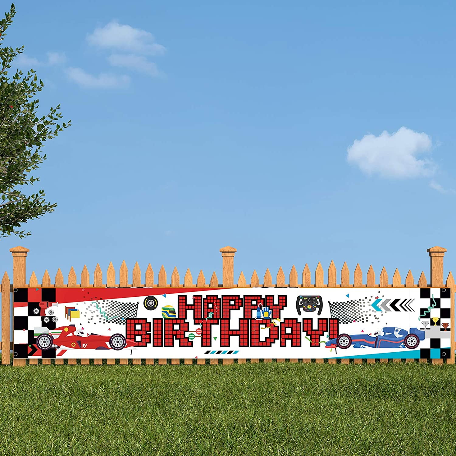 Large Race Car Happy Birthday Banner,Large Racing Car Checkered Flag ...