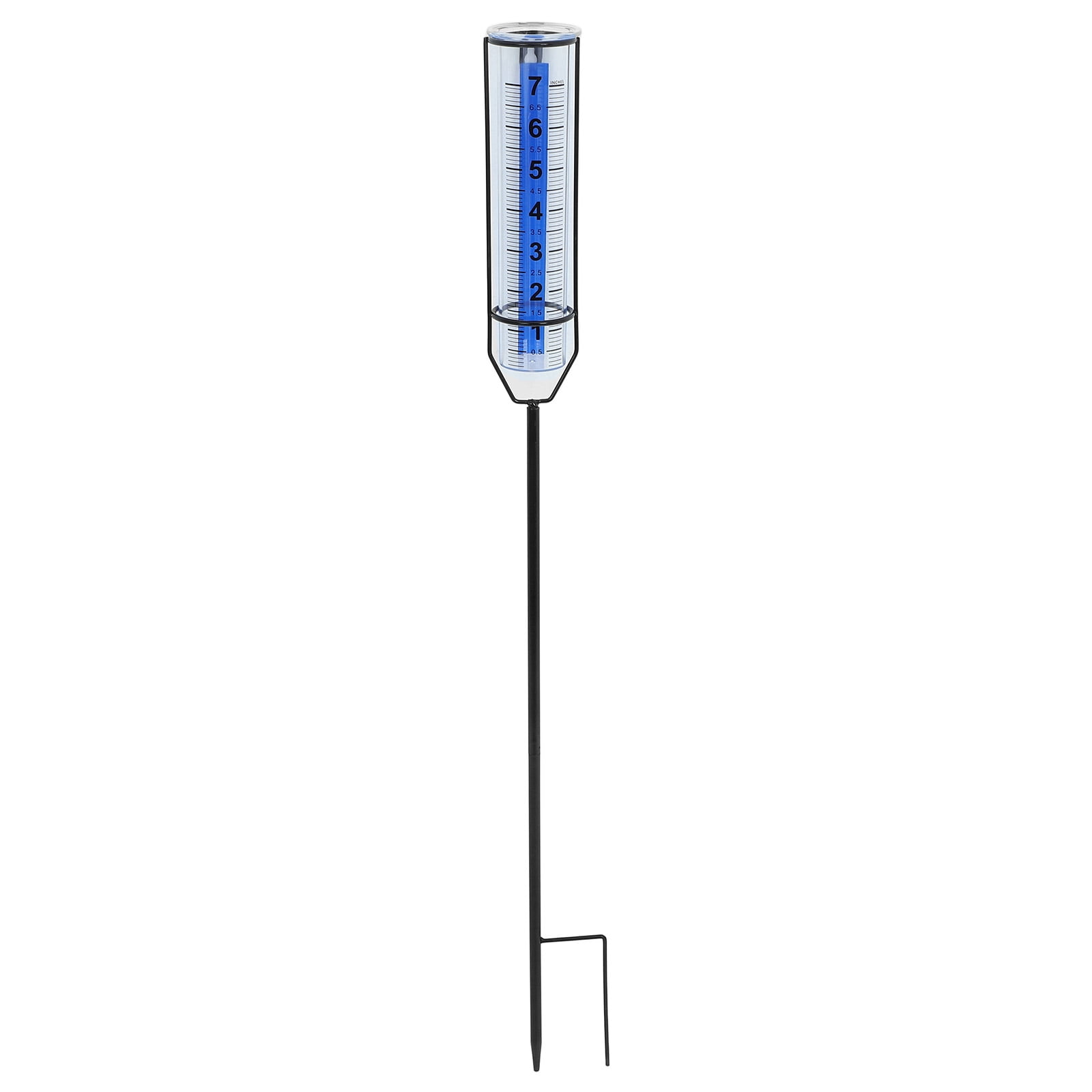 Large Rain Gauge Outdoor with Blue Stripes Iron Frame and Plastic Measuring Cup for Garden