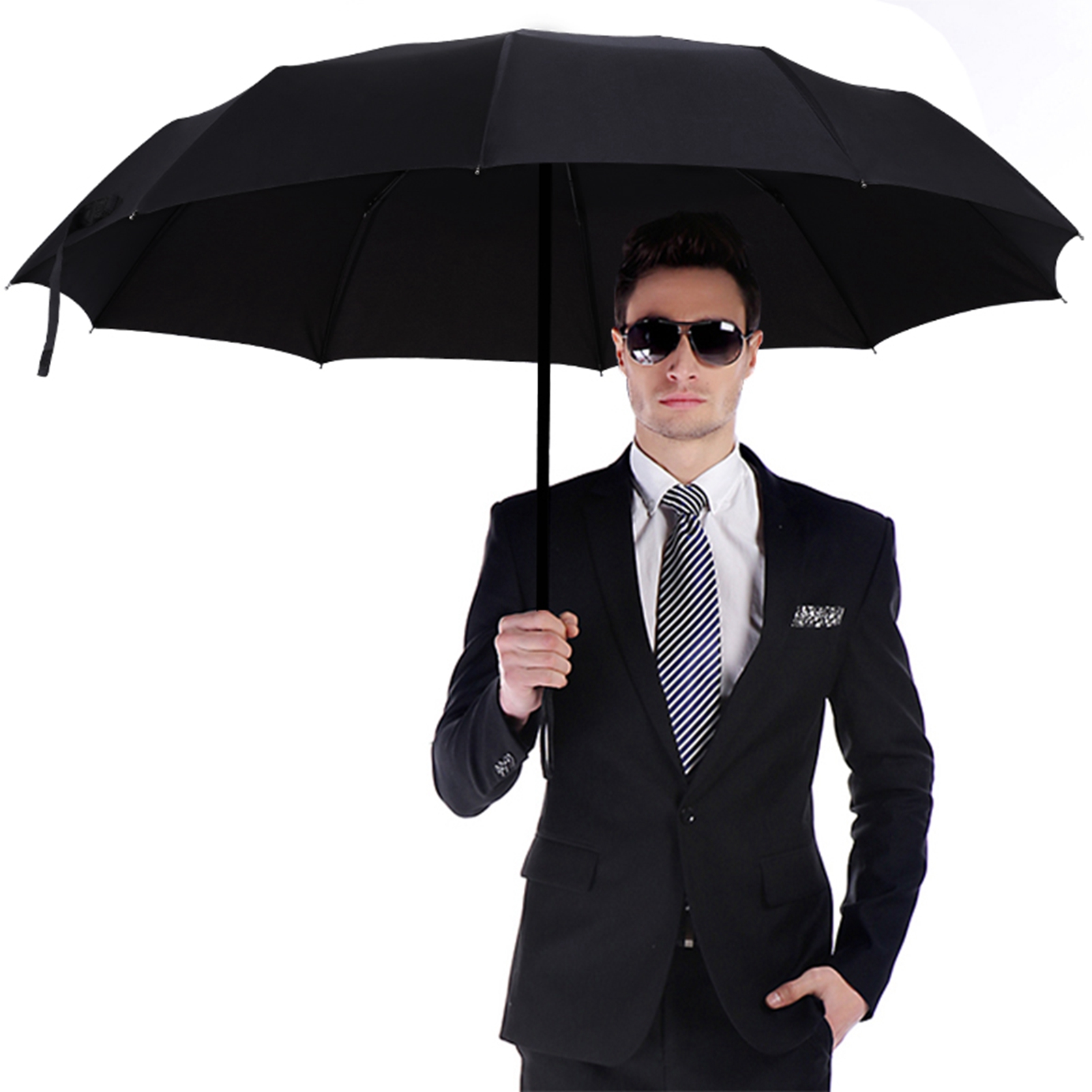 Large Rain Umbrella Black Windproof Travel Umbrella Auto Open Close 10 Ribs Unbreakable