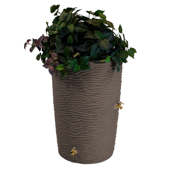 Large Rain Water Collection Barrel Heavy Duty Polyethylene Storage Container With Integrated Planter Top For Garden Lawn Sustainable Irrigation Dual Brass Spigots Oak Color