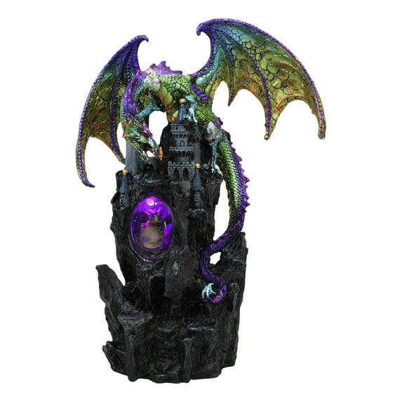 Large Rainbow Dragon On Castle Statue With Wyrmling In Egg LED Light Glass Ball