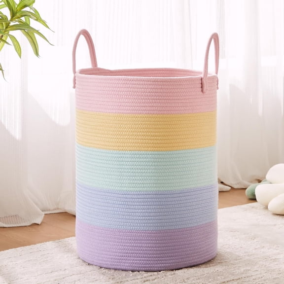 Large Rainbow Laundry Hamper, 52L Pastel Unicorn Woven Clothes Basket, Tall Blanket Storage Bin for Playroom Bedroom, 15Dx18H inches