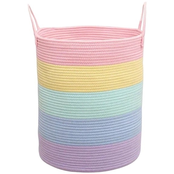 Large Rainbow Striped Cotton Rope Storage Basket with Handles, Woven Organizer, 14.96x17.72inch