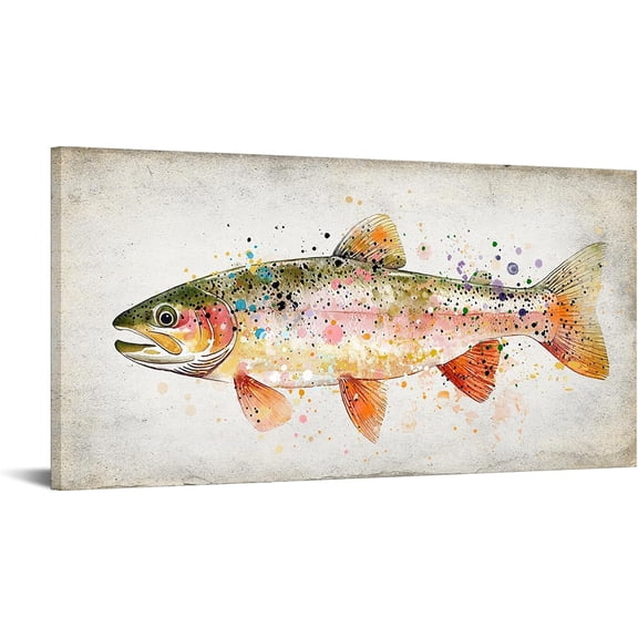 Large Rainbow Trout Canvas Wall Art, Colorful Watercolor Fish Painting Stretched Canvas for Living Room Cabin, Man Cave, 20x40 Inch Ready to Hang