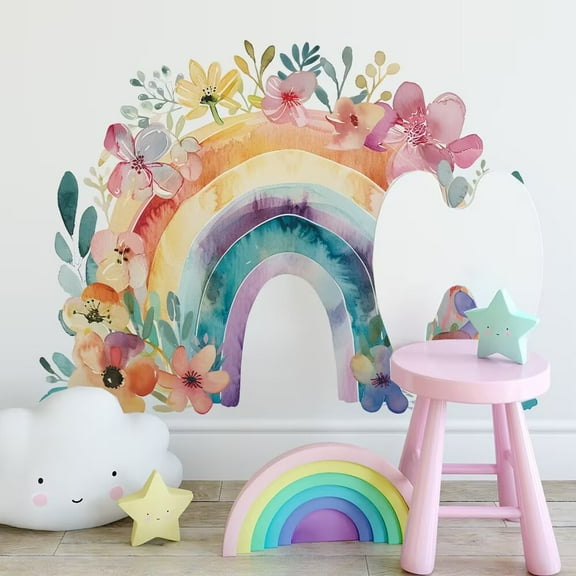 Large Rainbow Wall Decals Flower wall stickers Pink Rainbow Wall Decor for Nursery Peel and Stick Boho Watercolor Vinyl Art Stickers with Flower Leaf for Girls Room Kids Room Playroom Birthday Decora