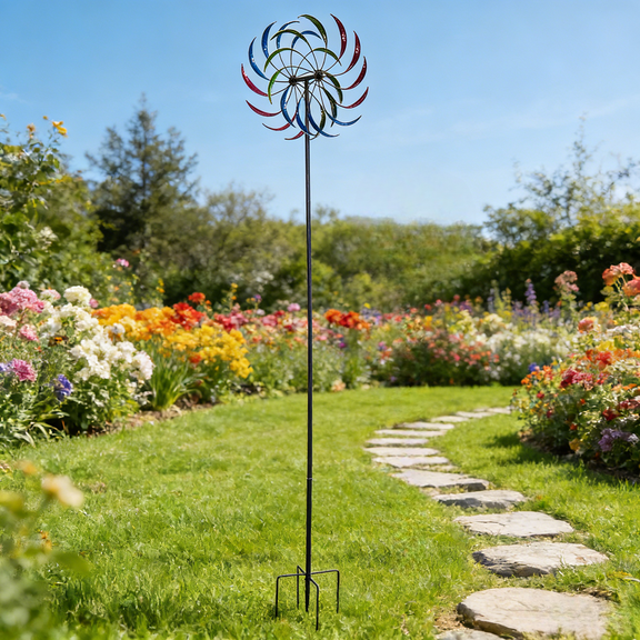 Large Rainbow Wind Spinner Garden Art, 79" Tall Metal Windmill Sculpture with Double Layer Spinning Leaves for Yard Patio Lawn Decor Colorful Outdoor Whirligig for Garden, Front Yard, Outdoor Space