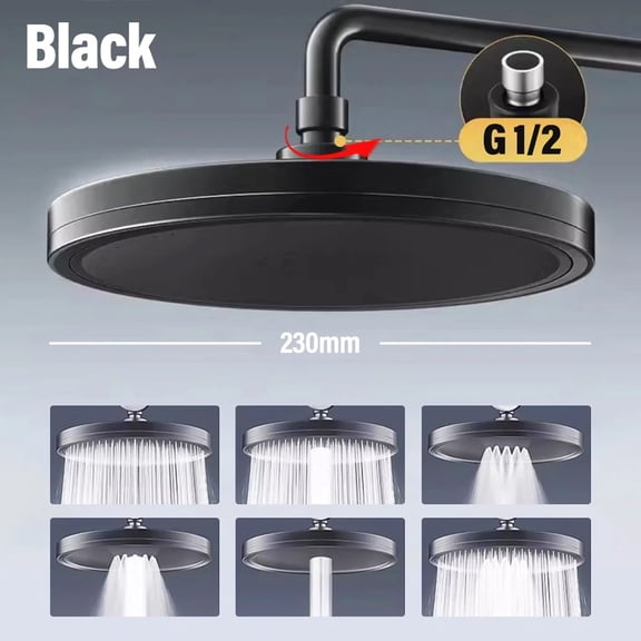 Large Rainfall Shower Head 230Mm 6 Modes Adjustable High Pressure 360 Degree Rotatable Spray ABS Material Gray Black Silver Full Body Waterfall Spa Experience (Black)