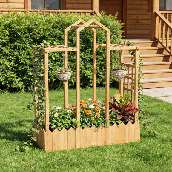 Large Raised Garden Bed with Trellis for Vine Climbing Plants- Wood Planter Box