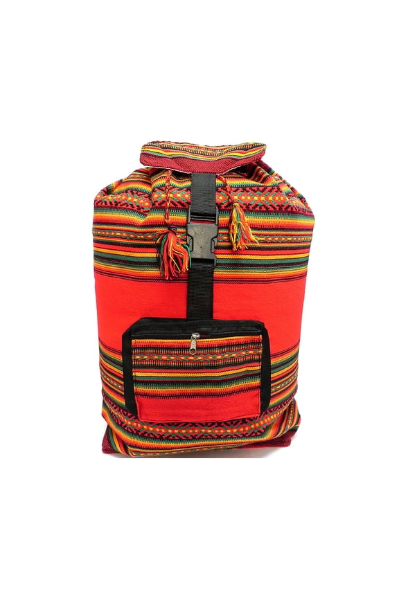Large Rasta Multicolored Peruvian Tribal Print Pattern Lightweight Drawstring Backpack Handmade Beach Bag Boho Accessories