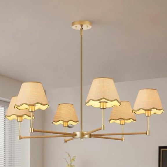 Large Rattan Chandelier, Boho Chandeliers for Dining Room Light Fixture, 6-Light Wicker Pendant Light Adjustable Rustic Pendant Lamp Coastal Modern Gold Hanging Light for Kitchen Island, Living Room