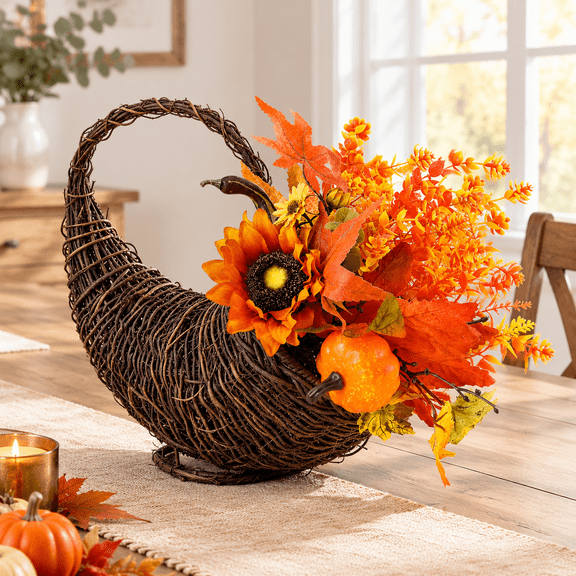 Large Rattan Horn Of Plenty Centerpiece Basket for Fall and Thanksgiving Decor