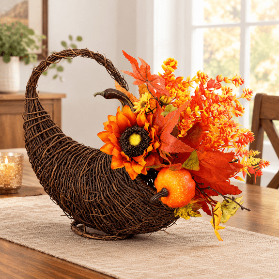 Large Rattan Horn Of Plenty Centerpiece Basket for Fall and Thanksgiving Decor