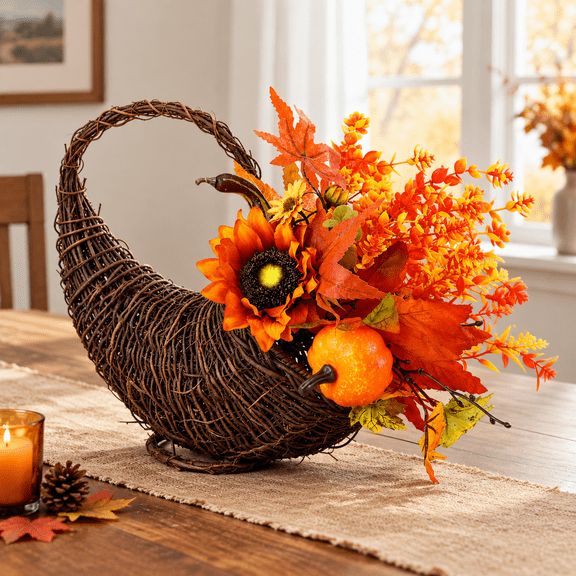 Large Rattan Horn Of Plenty Centerpiece Basket for Fall and Thanksgiving Decor