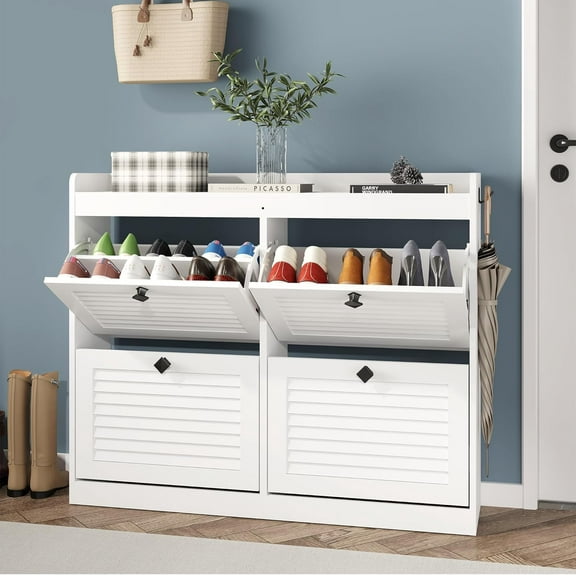 Large Rattan Shoe Storage Cabinet with 4 Flip Drawers, Freestanding Narrow Shoe Rack with Wooden Legs, White