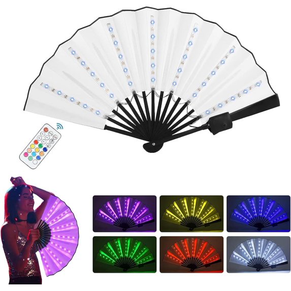 Large Rave Fan, Led Light Up Hand Fan, Handheld Folding Fan with Remote Control, Cool Multifunction Glowing Stage Performance Props Fans for Party Birthday Wedding (White)