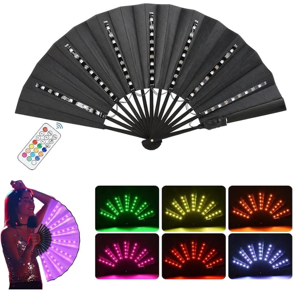 Large Rave Fan, Led Light Up Hand Fan, Handheld Folding Fan with Remote Control, Cool Multifunction Glowing Stage Performance Props Fans for Party Birthday Wedding (Black)
