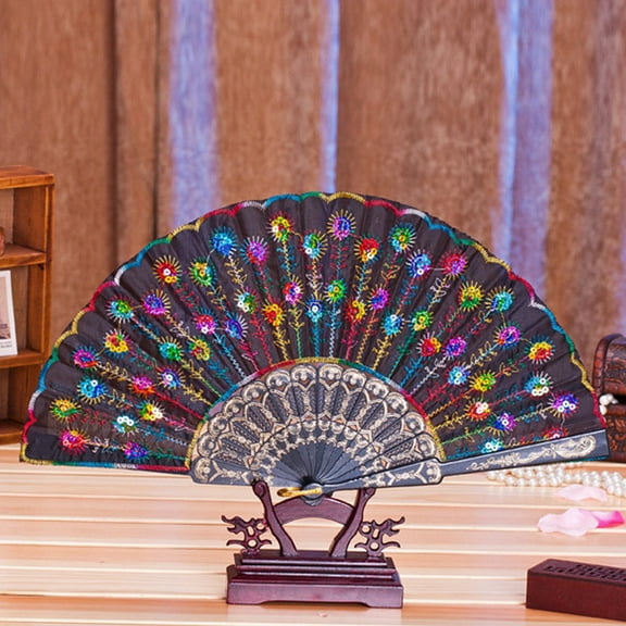 Large Rave Fan UV Glow Hand Fan with Holster for Men/women, Disco Party Favor for Edm Music Festival Club Rave Accessories(Reflective Peacock)