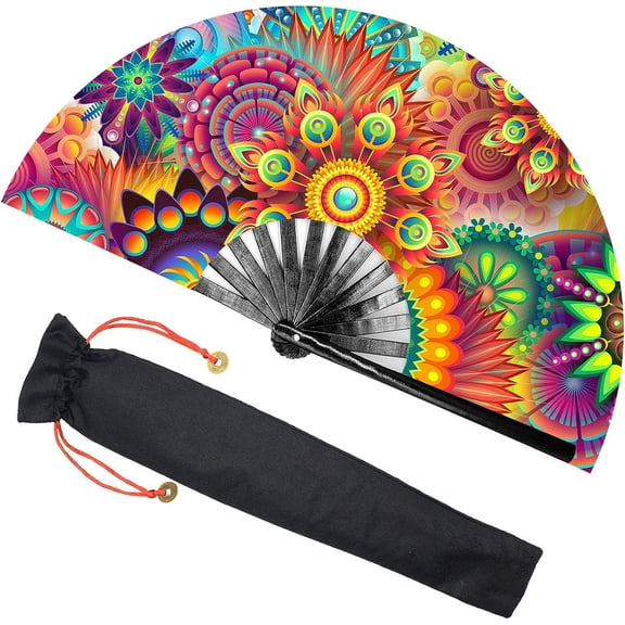 Large Rave Folding Hand Fan with Bamboo Ribs for Men/Women - Chinese Japanese Handheld Fan with Fabric Case - for Dance Music Festival Party, Performance, Decorations, Gift (Sun Flower)