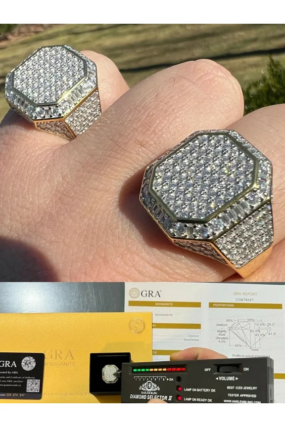 "Large Real 14K Gold Plated 3ct Moissanite Pinky Square Ring - Hip Hop Style, Passes Diamond Test"