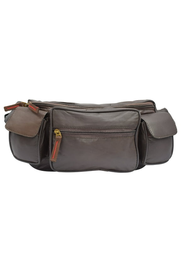 Large Real Leather Waist Hip Lumbar Fanny Pack Bag with Dual Cell Phone Pocket Brown