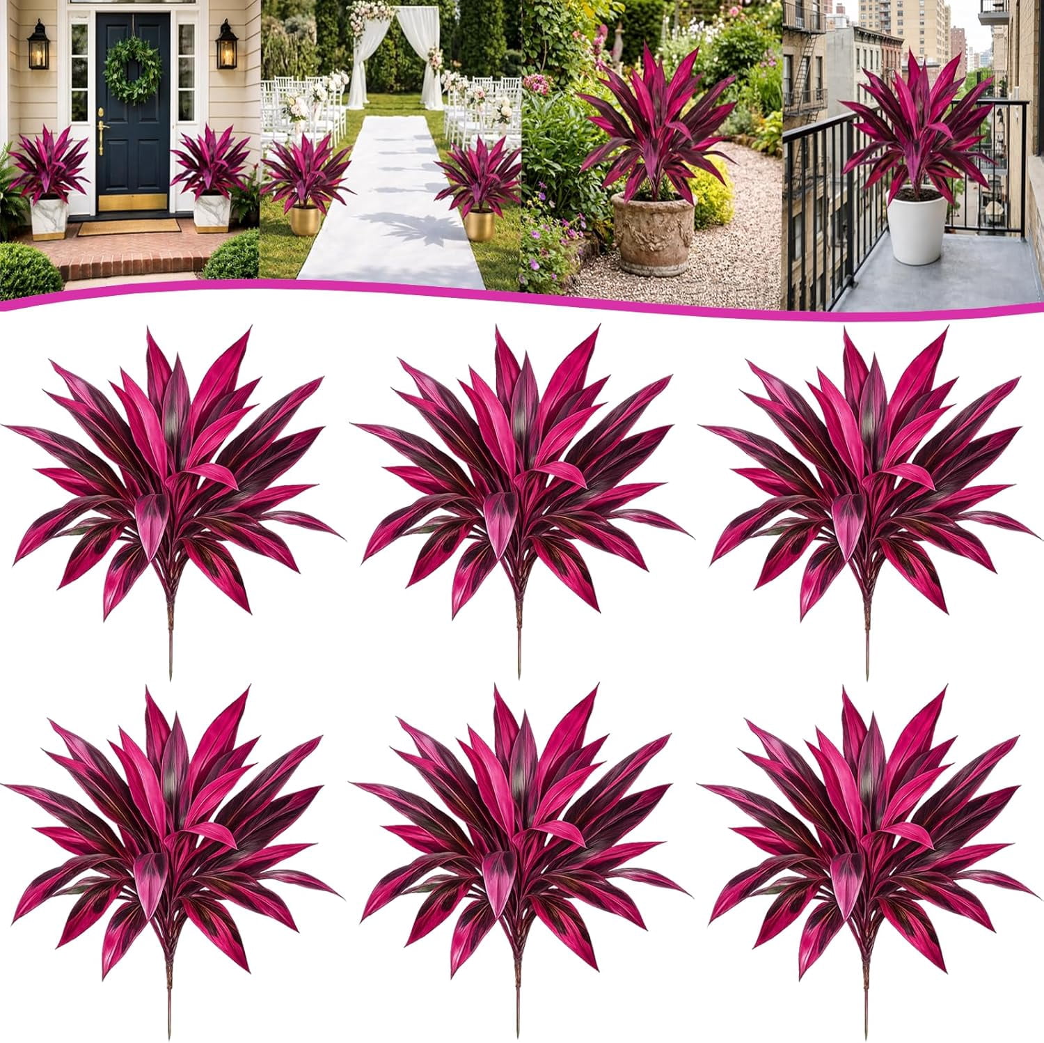 Large Realistic Artificial Boston Fern & Dragon's Blood Tree Artificial Turf UV Resistant Red Cordyline Ti Plants Red/Pink Vibrant Purple Leaves Faux Fake Ferns Shrubs Outdoor Garden Decor
