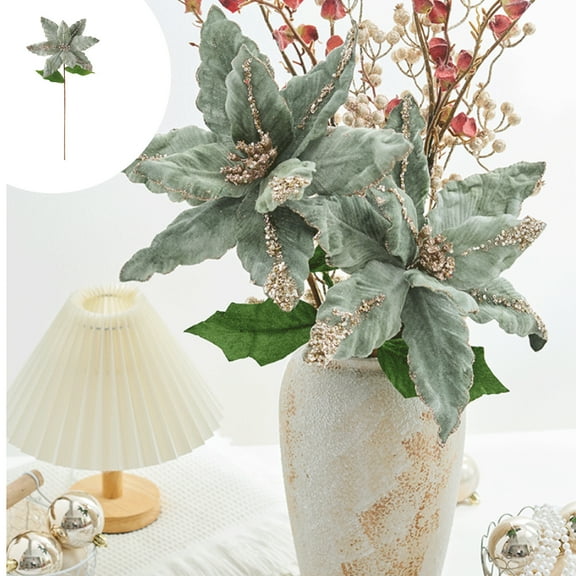 Large Realistic Artificial Christmas Flowers with Stems Leaves Glitter Decor, Green Fabric Poinsettia for Xmas Tree Wreath Vase Arrangement Holiday Home Party Decoration