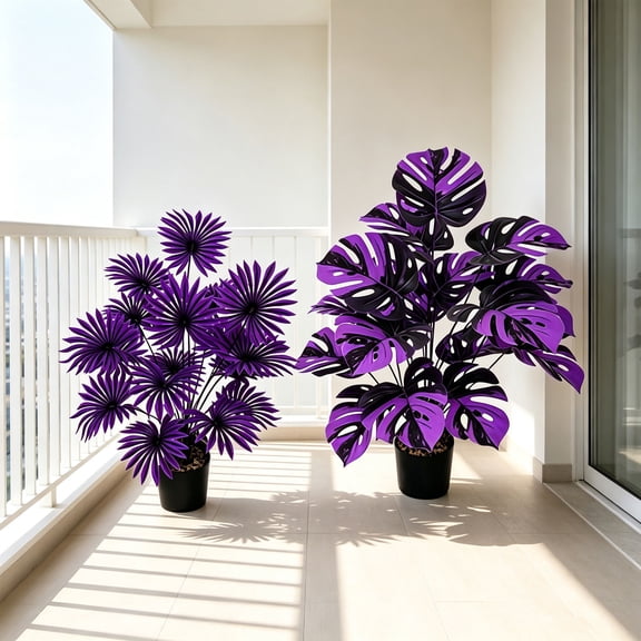 Large Realistic Faux Tropical Bonsais Including Monstera, Palm and Banana Leaves, Full Artificial Palm Trees with Natural Branches, Vivid Floor Greenery for Living Room Corners and Indoor, Purple1