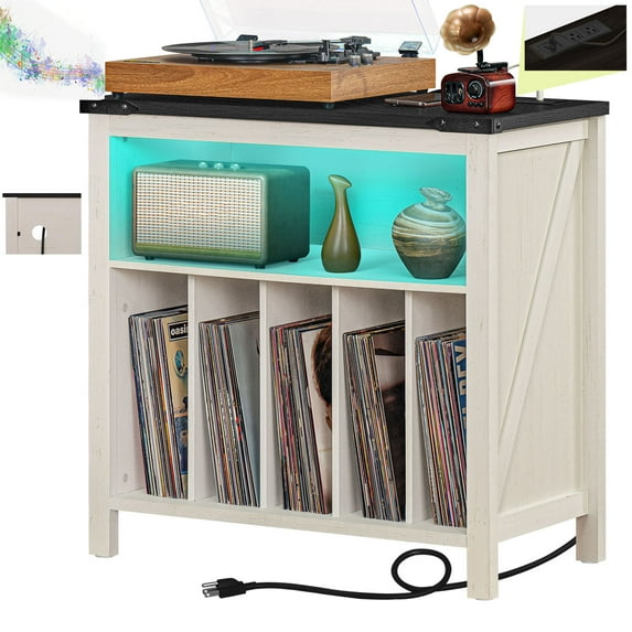Large Record Player Stand, 230 Vinyl Record Storage Holder, Record Player Table with Power Outlet and LED Light, Record Storage Turntable Stand Wood Cabinet for Music Room,Office